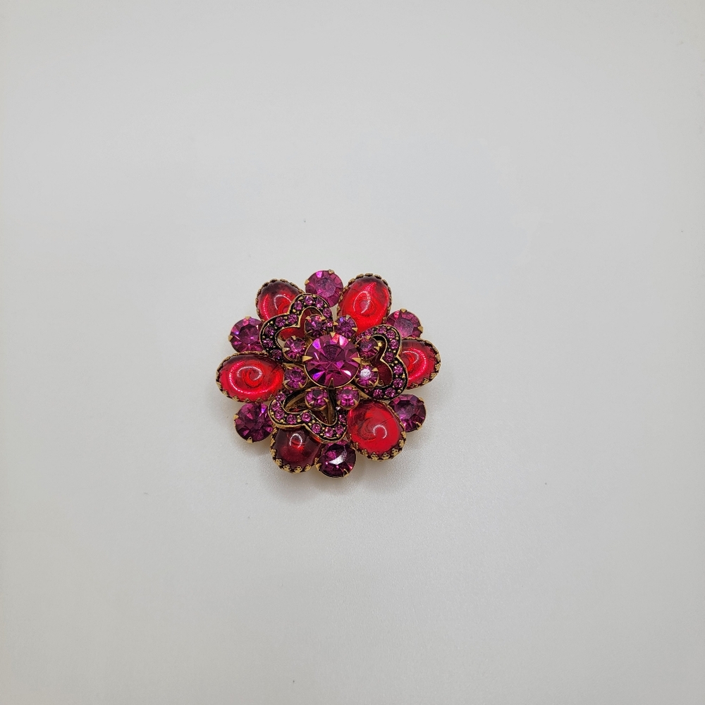 Vintage Czechia Brooch Red Cabochon Pink Rounds Hearts